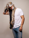 Man wearing faux fur Naughty Rabbit CE SpiritHood, side view 3