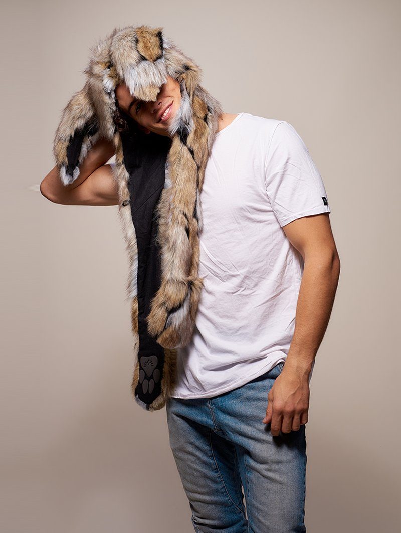Man wearing faux fur Naughty Rabbit CE SpiritHood, side view 3