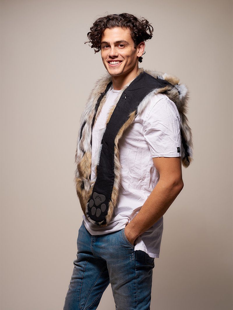 Man wearing faux fur Naughty Rabbit CE SpiritHood, side view 2