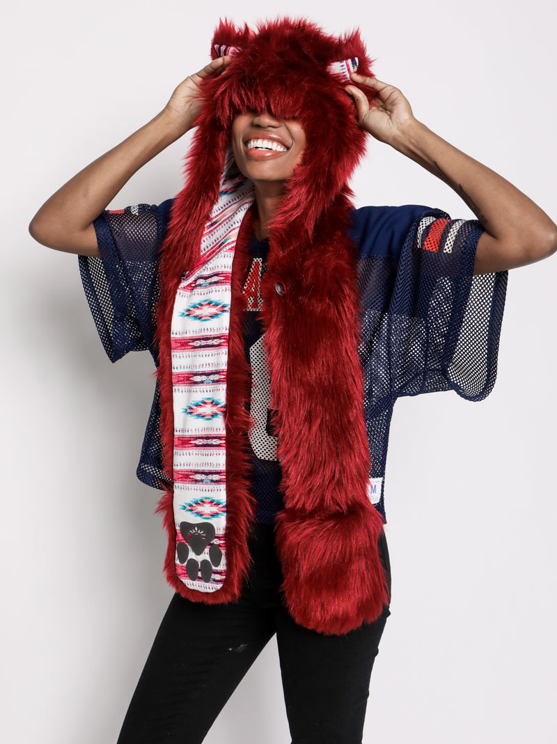Woman wearing faux fur Fire Wolf CE SpiritHood, front view 3
