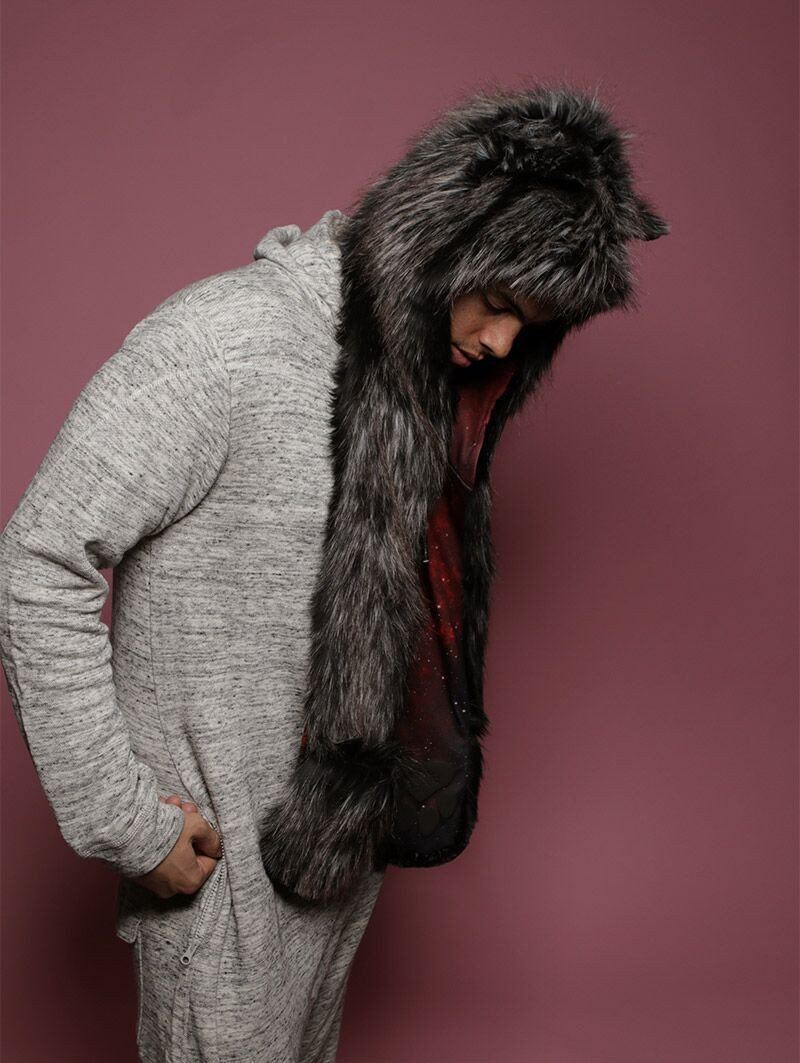 Man wearing faux fur Night Fox Galaxy CE SpiritHood, side view 3