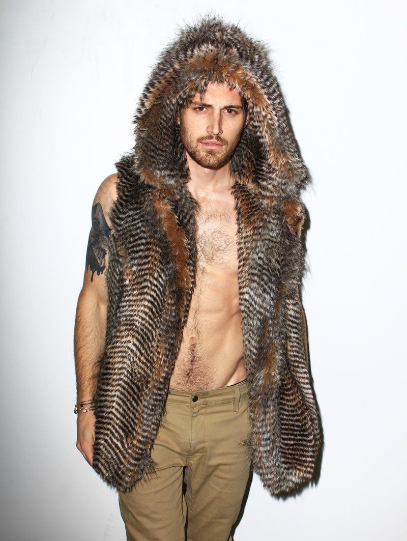 Man wearing Nighthawk Hooded Faux Fur Vest, front view