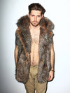 Man wearing Nighthawk Hooded Faux Fur Vest, front view 2
