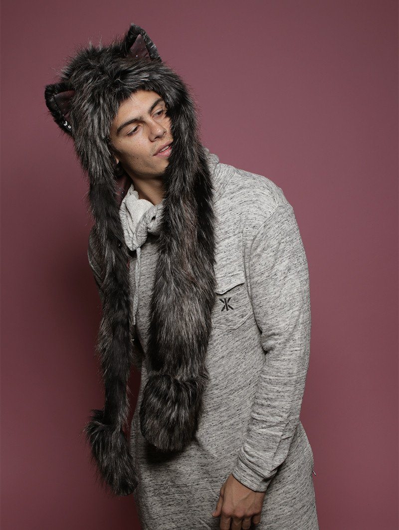 Man wearing faux fur Night Fox Galaxy CE SpiritHood, side view 1