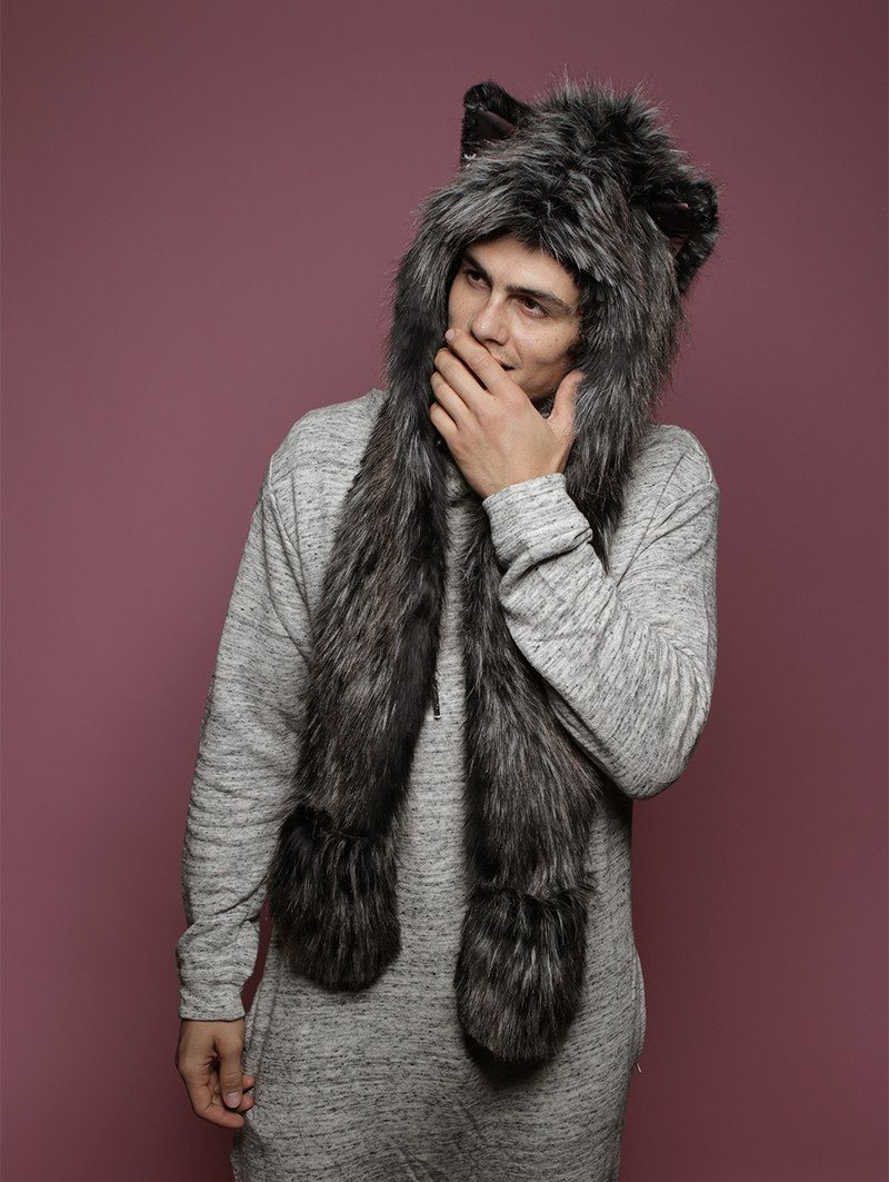 Man wearing faux fur Night Fox Galaxy CE SpiritHood, side view