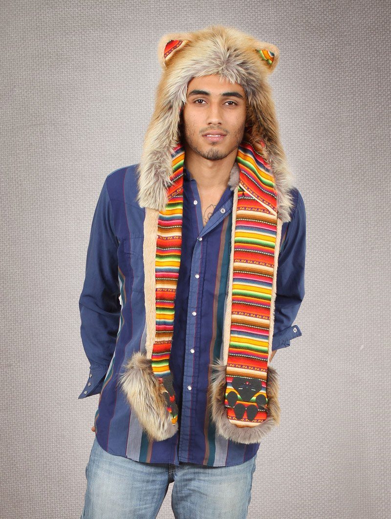 Man wearing faux fur Lion SpiritHood