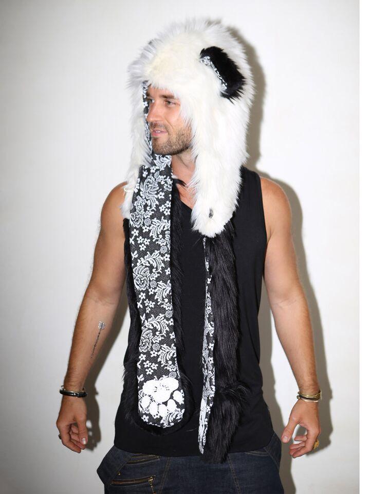 Man wearing faux fur Panda SpiritHood, side view