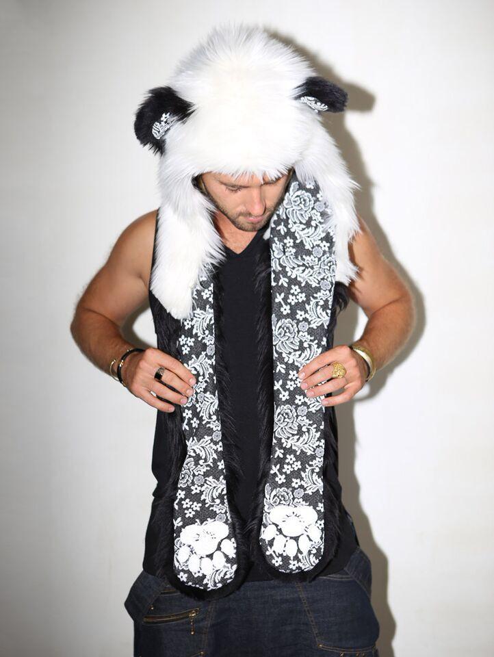 Man wearing faux fur Panda SpiritHood, front view