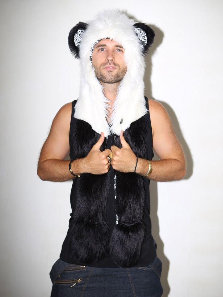 Man wearing faux fur Panda SpiritHood, front view 1