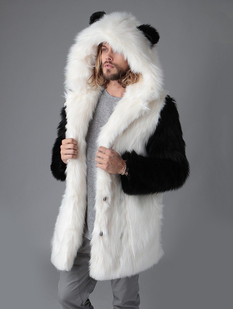 Man wearing Classic Panda Faux Fur Coat, side view 1