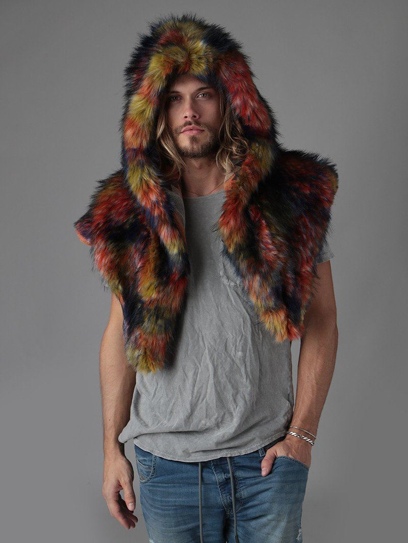 Man wearing faux fur Parrot Shawl Collector Edition SpiritHood, front view 1