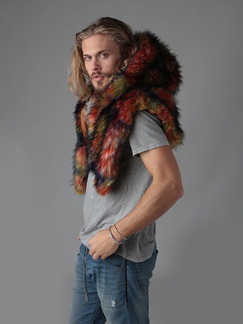 Man wearing faux fur Parrot Shawl Collector Edition SpiritHood, side view 2