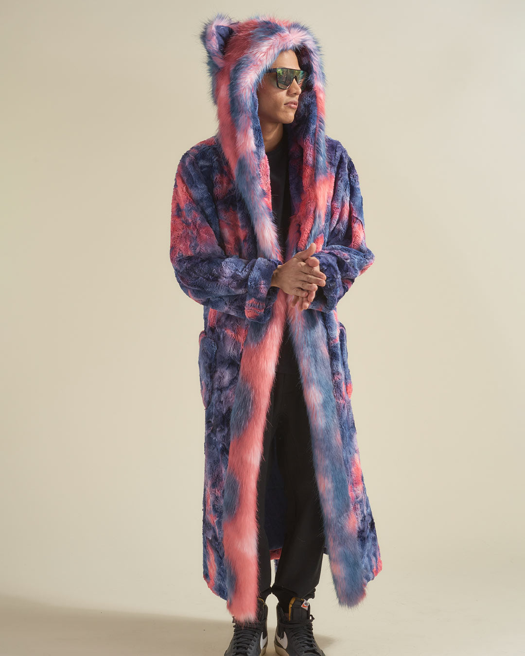 Peach Sorbet Cat Classic Faux Fur Style Robe with Hood on Man