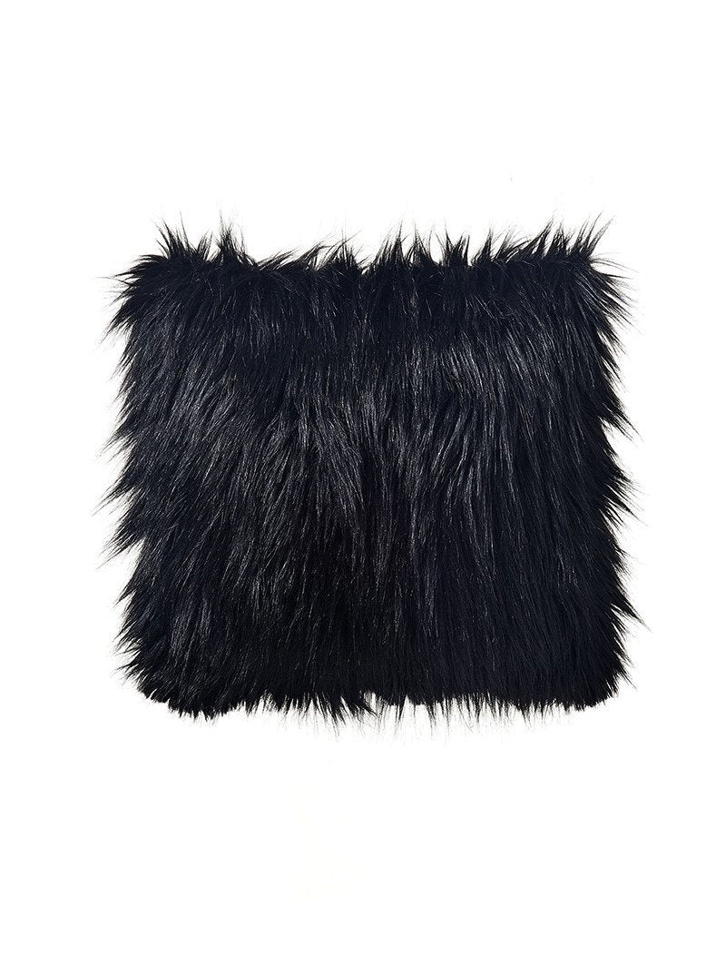 Black Wolf Faux Fur Pillow, back view