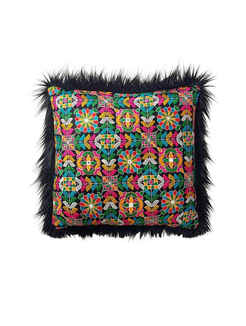 Black Wolf Faux Fur Pillow, back view