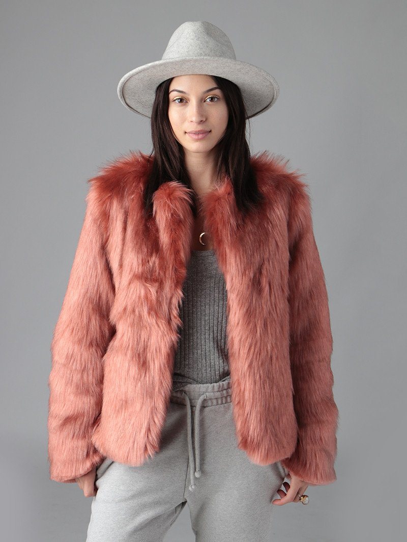 Woman Wearing Rose Quartz Faux Fur Bomber SpiritHood