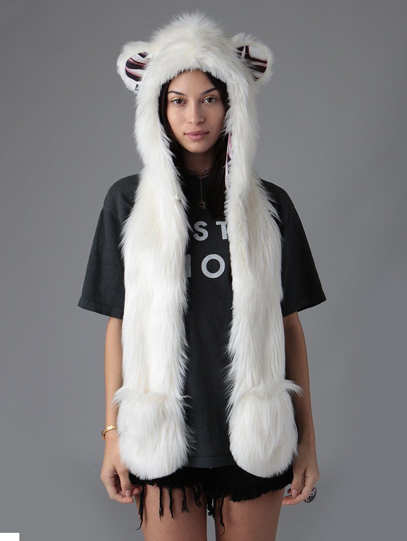 Woman Wearing Hooded Polar Bear Faux Fur