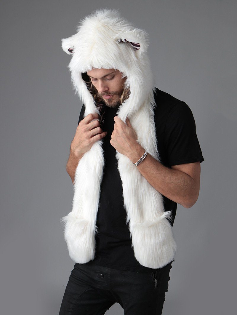 Man wearing faux fur Polar Bear CE SpiritHood, side view 1