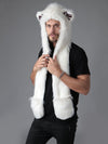 Man wearing faux fur Polar Bear CE SpiritHood, side view 2