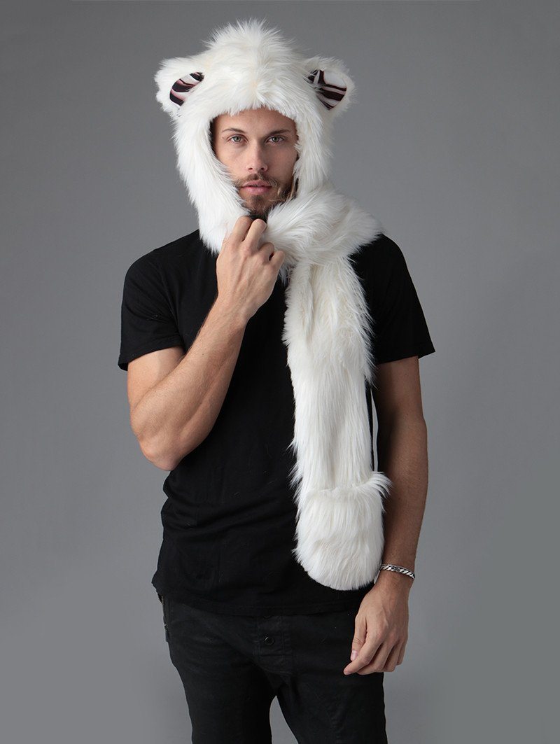 Man wearing faux fur Polar Bear CE SpiritHood, front view