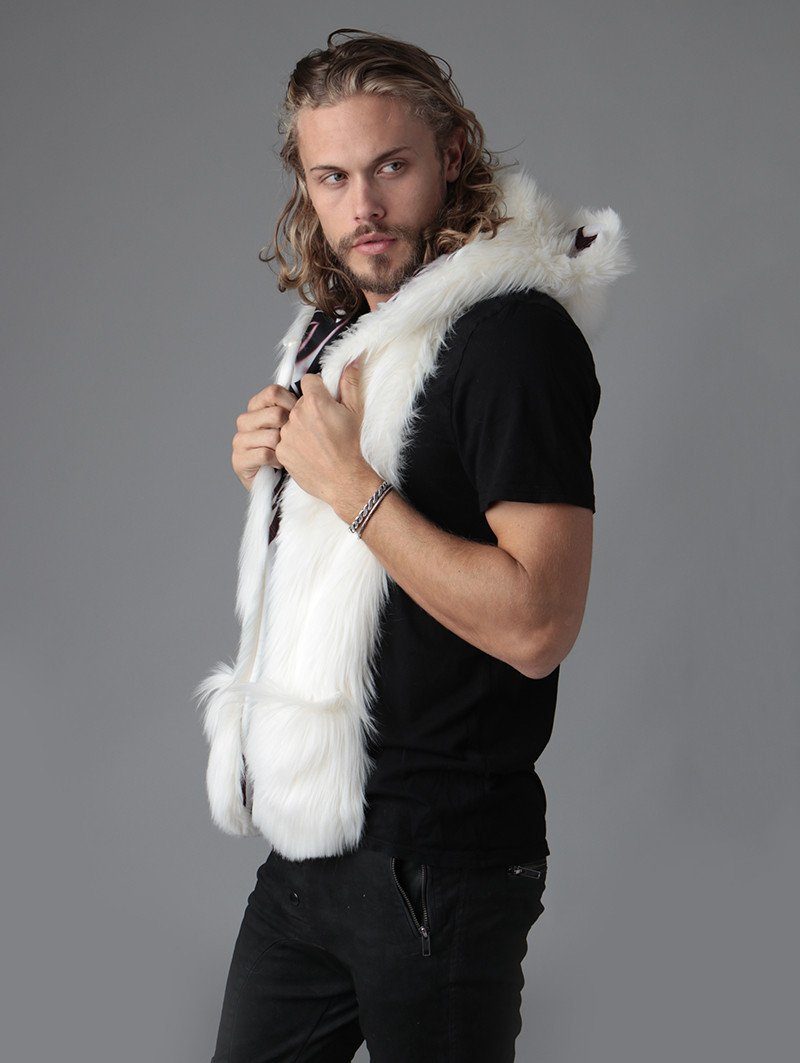 Man wearing faux fur Polar Bear CE SpiritHood, side view