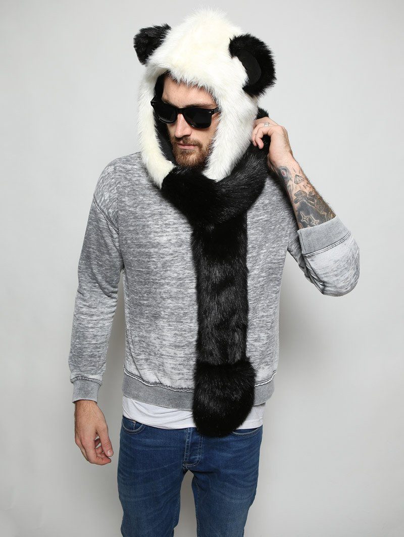 Man wearing faux fur Panda Bear SpiritHood