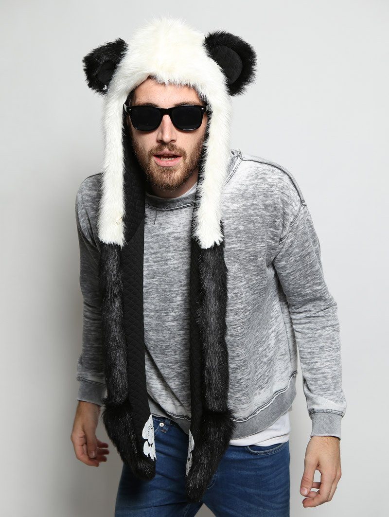 Man wearing faux fur Panda Bear SpiritHood, front view