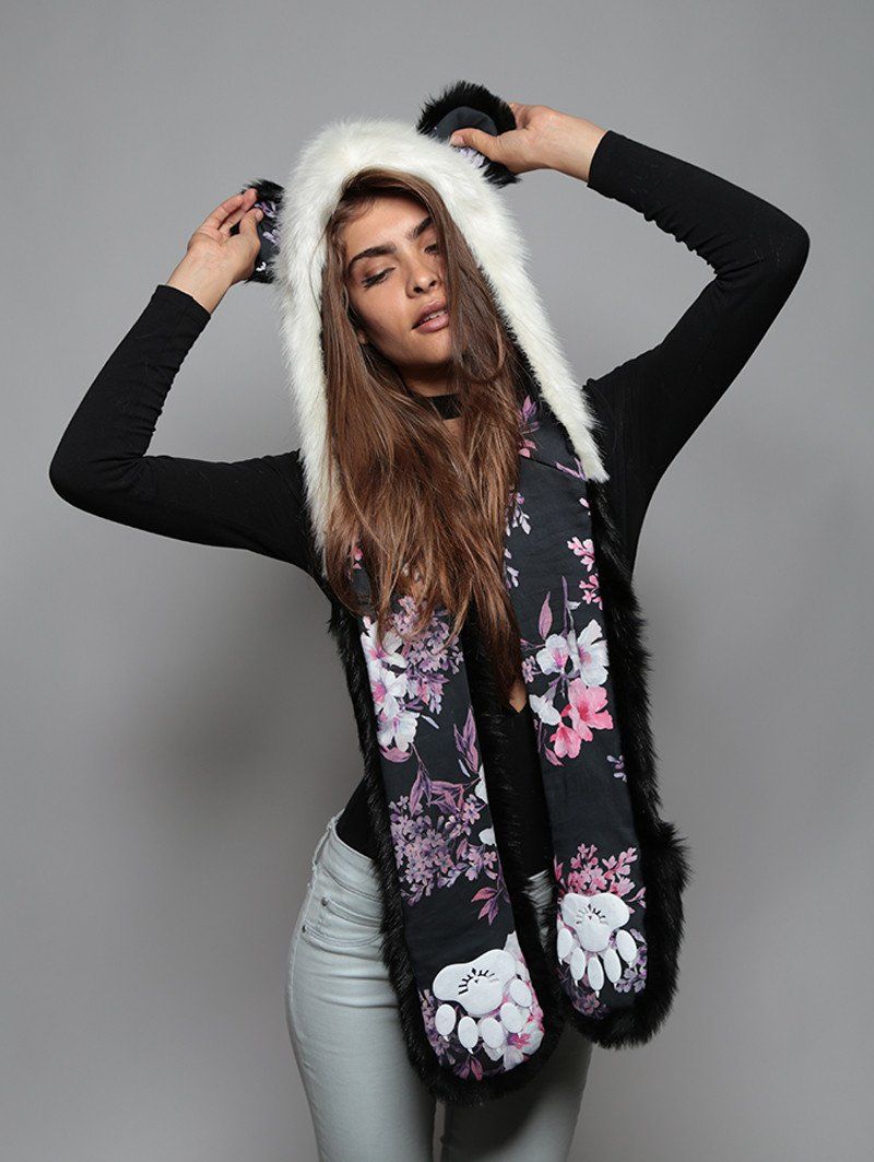 Hooded Faux Fur with Panda Cherry Blossom Bear Design