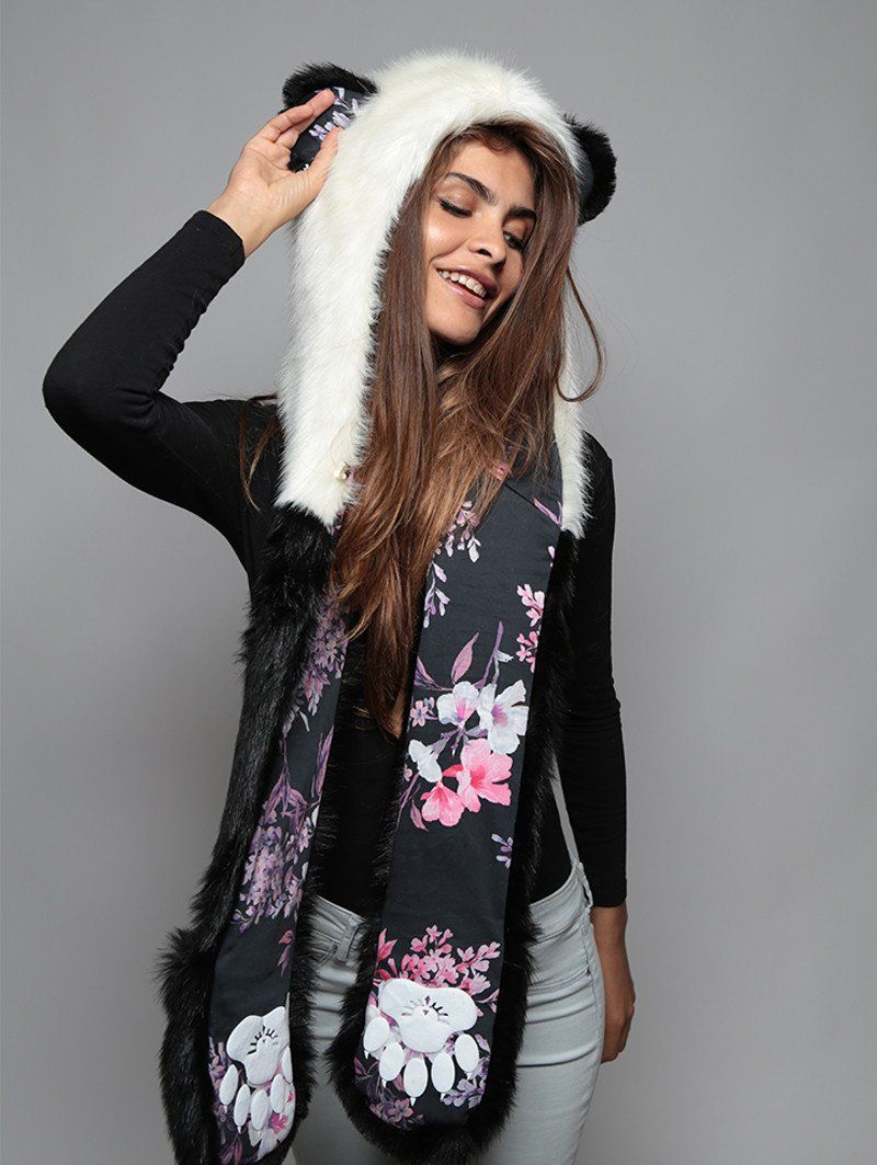 Exterior and Interior View of Panda Cherry Blossom Bear Faux Fur Hood