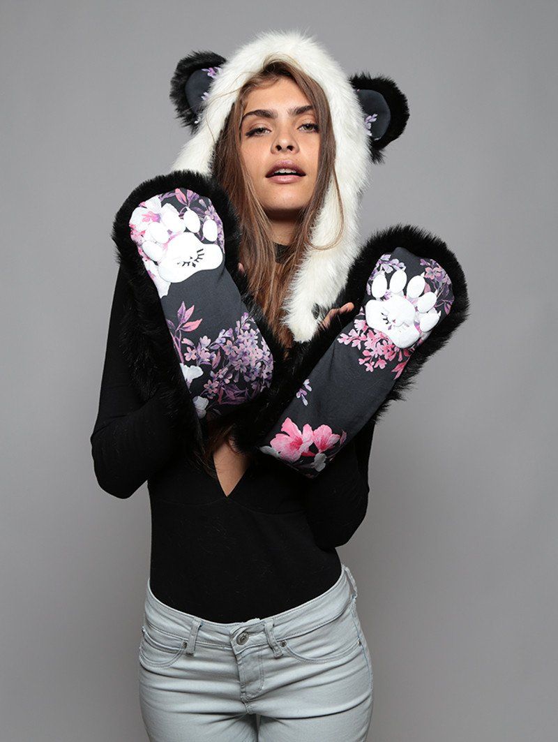 Black and White Panda Cherry Blossom Bear Faux Fur Hood on Female