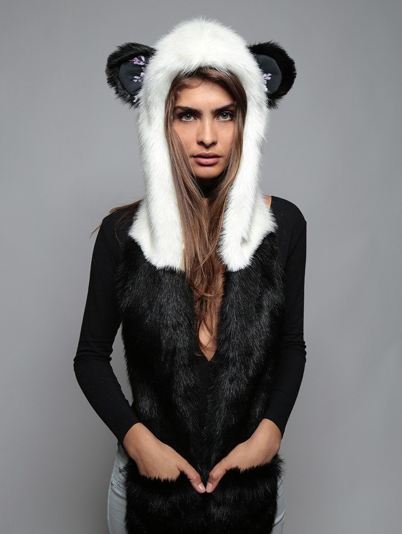 Female Wearing Panda Cherry Blossom Bear Faux Fur Hood 