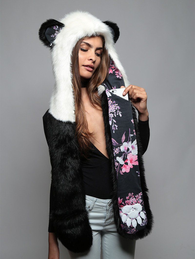 Black and White Panda Cherry Blossom Bear Faux Fur Hood on Female
