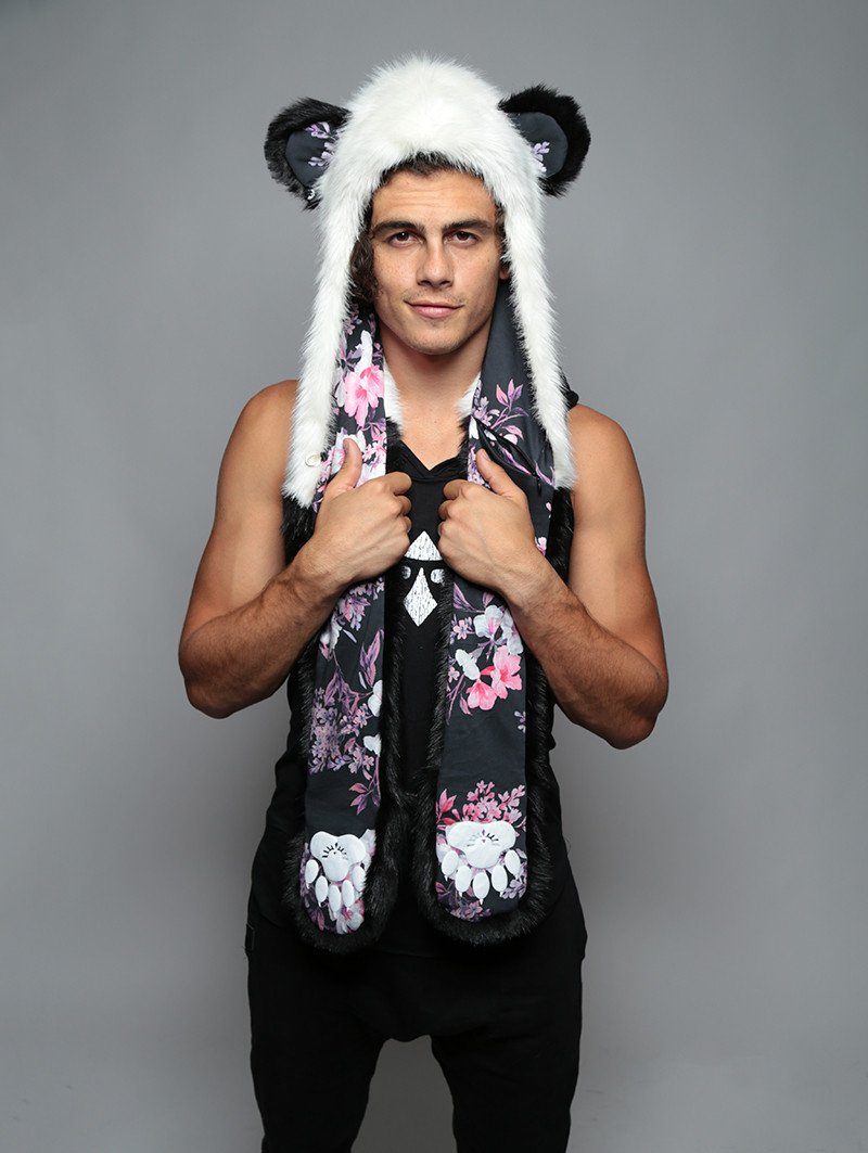 Man wearing Panda Cherry Blossom Bear Faux Fur Hood