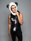 Man wearing Panda Cherry Blossom Bear Faux Fur Hood, side view