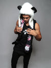 Man wearing Panda Cherry Blossom Bear Faux Fur Hood, front view