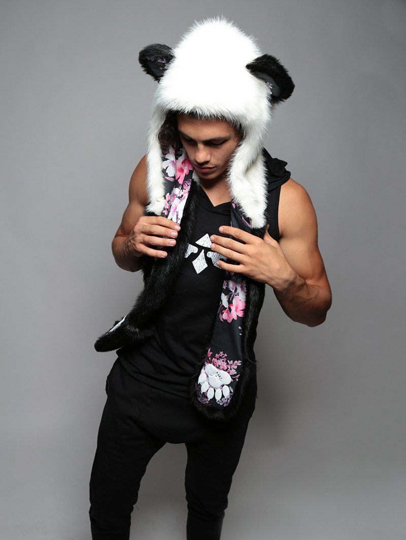 Man wearing Panda Cherry Blossom Bear Faux Fur Hood, front view