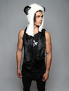 Man wearing Panda Cherry Blossom Bear Faux Fur Hood, side view 1