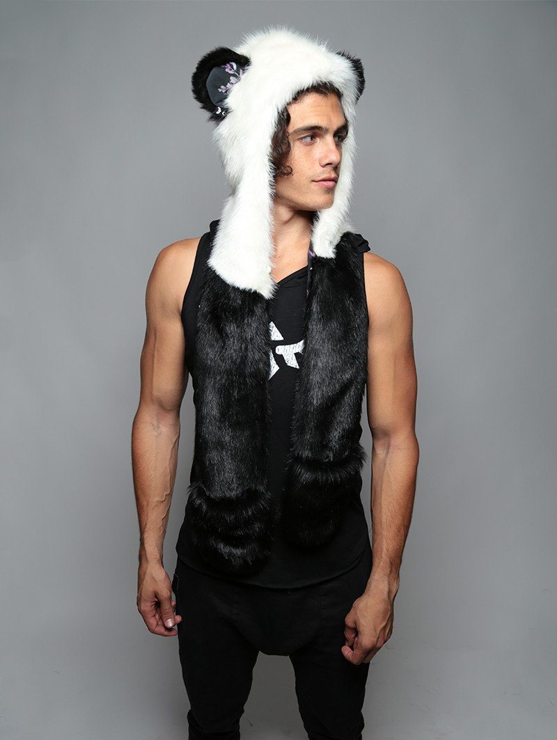 Man wearing Panda Cherry Blossom Bear Faux Fur Hood, side view 1