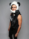 Man wearing Panda Cherry Blossom Bear Faux Fur Hood, side view 2