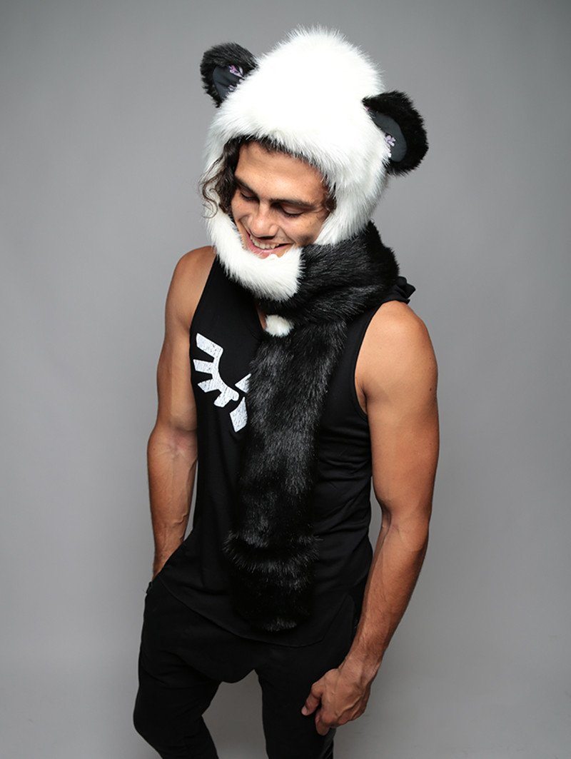 Man wearing Panda Cherry Blossom Bear Faux Fur Hood, side view 3