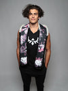 Man wearing Panda Cherry Blossom Bear Faux Fur Hood, front view 1