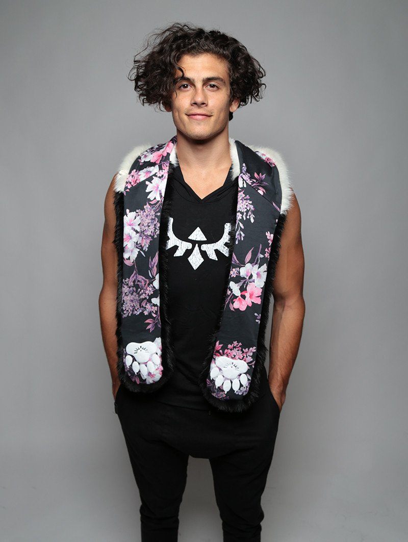 Man wearing Panda Cherry Blossom Bear Faux Fur Hood, front view 1