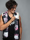 Man wearing Panda Cherry Blossom Bear Faux Fur Hood, front view 2