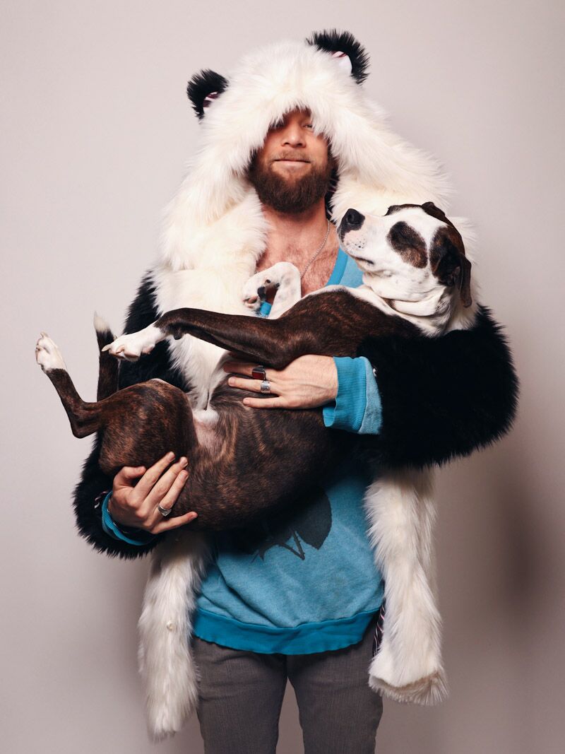 Man wearing Limited Edition Panda Faux Fur Coat, front view