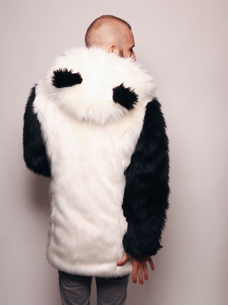 Man wearing Limited Edition Panda Faux Fur Coat, back view