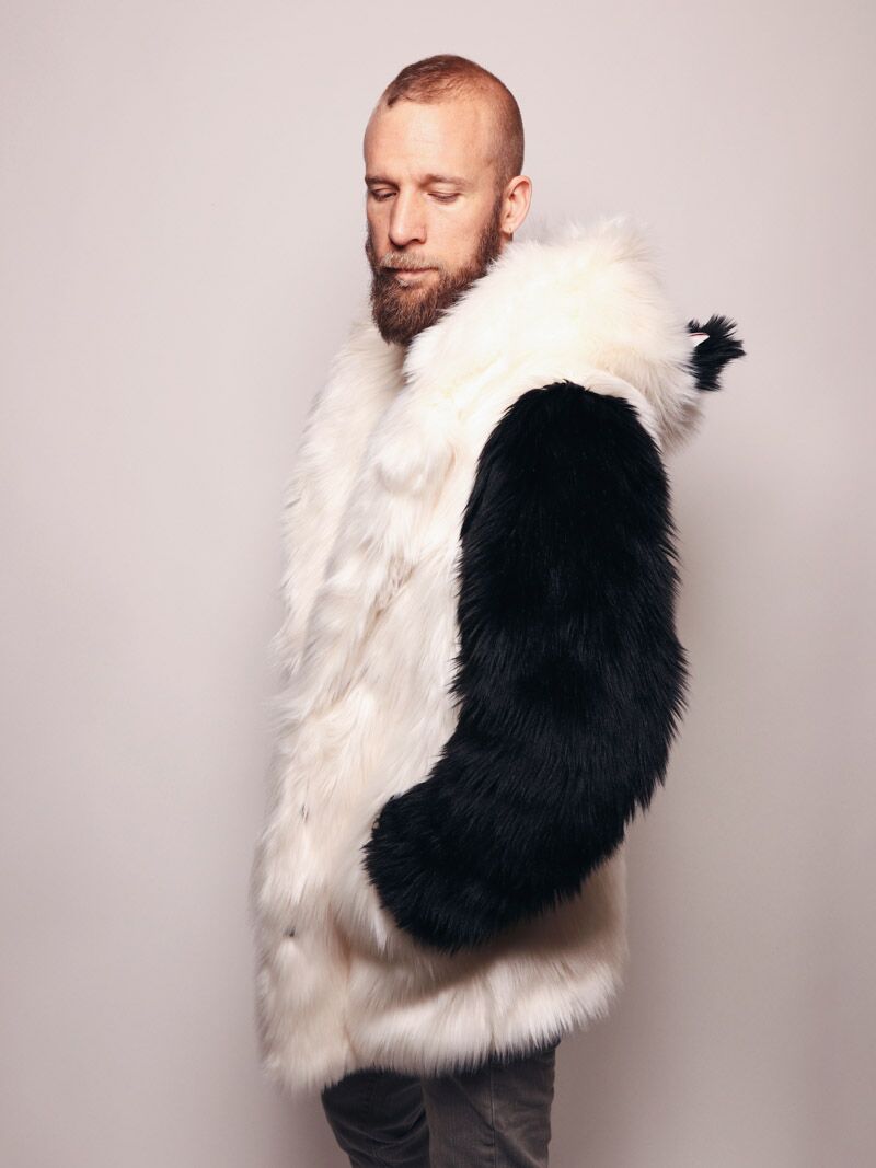 Man wearing Limited Edition Panda Faux Fur Coat, side view 1