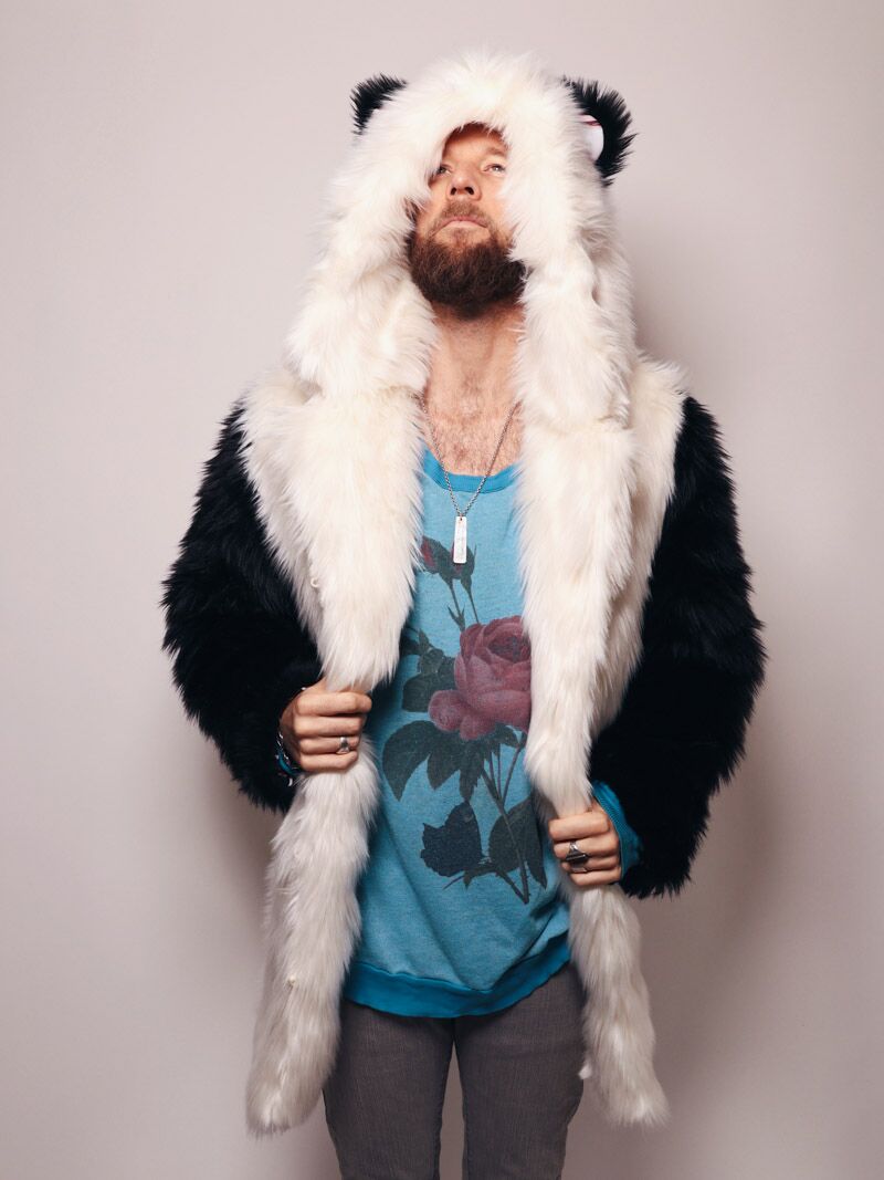 Man wearing Limited Edition Panda Faux Fur Coat, front view 2