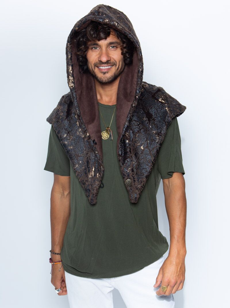 Man wearing Collector Edition Pangolin Faux Suede Shawl, front view 1