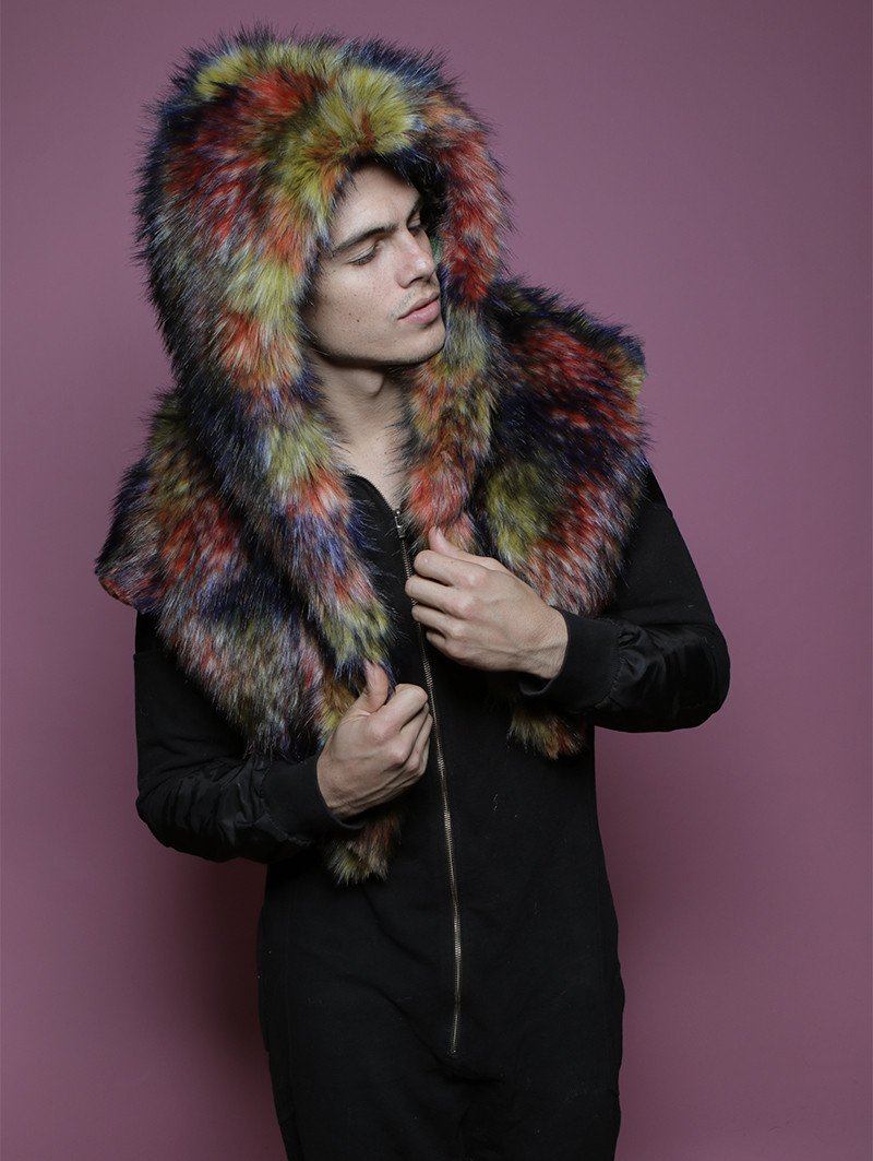 Man wearing faux fur Parrot Shawl Collector Edition SpiritHood, side view