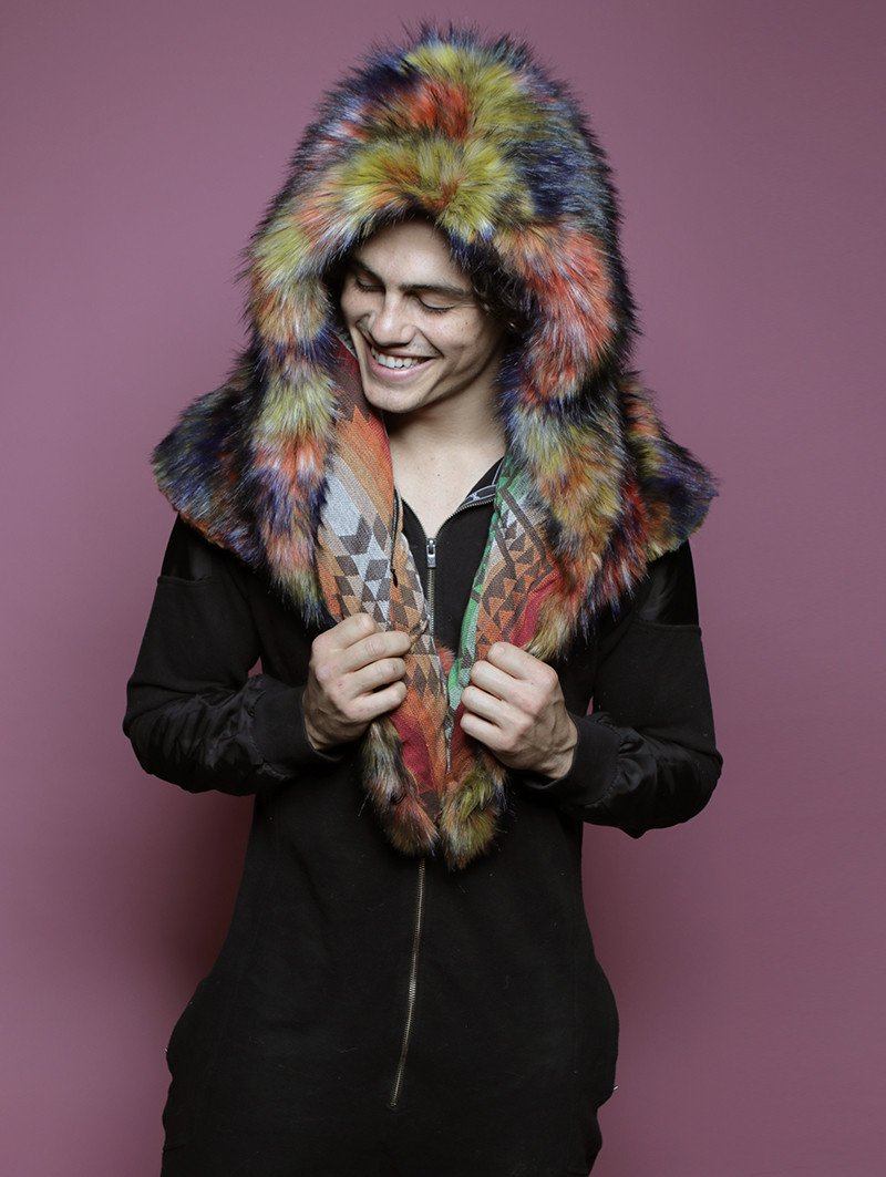 Man wearing faux fur Parrot Shawl Collector Edition SpiritHood, front view